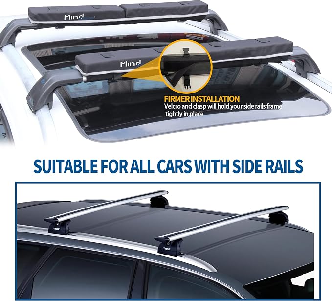 Universal Car Soft Roof Rack for Kayak/Canoe/Surfboard/SUP/Snowboard,Roof Rack Pads Carrier System Include 2 16FT Tie Down Straps,2 Ratchet Pulley Ropes,2 Hood Loops and Storage Bag （with Crossbar）