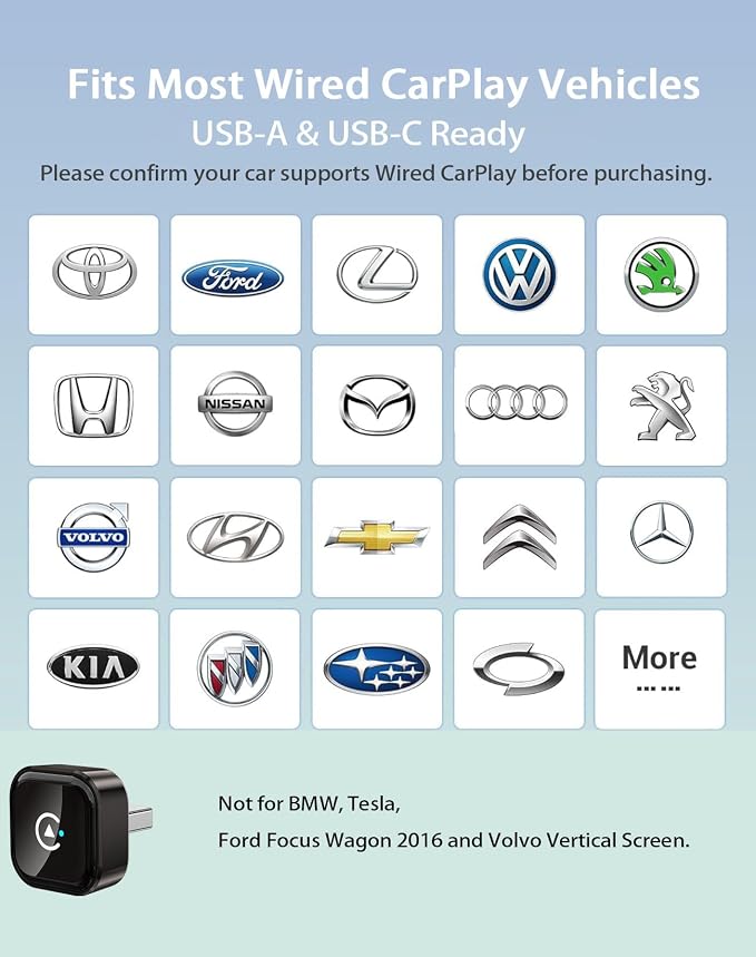 Wireless CarPlay/Android Auto Adapter, 2-in-1 USB-C/A Carplay Adapter | Convert Wired to Wireless; Plug and Play