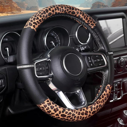 Leopard Steering Wheel Cover Leather 14.5-15 Inch, Bling Rhinestones, Anti-Slip Design, Universal Fit for Cars, SUVs, Cute Decoration for Women