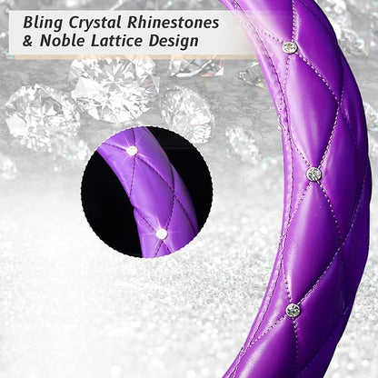 KAFEEK Diamond Soft Leather Steering Wheel Cover with Bling Bling Crystal Rhinestones, Universal 15 inch, Purple