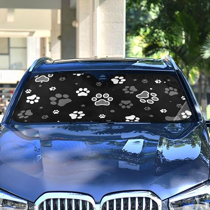 Cute Dog Paw Star Black Car Windshield Sun Shade Foldable UV Ray Sun Visor Protector Sunshade to Keep Your Vehicle Cool (55" x 27.6")