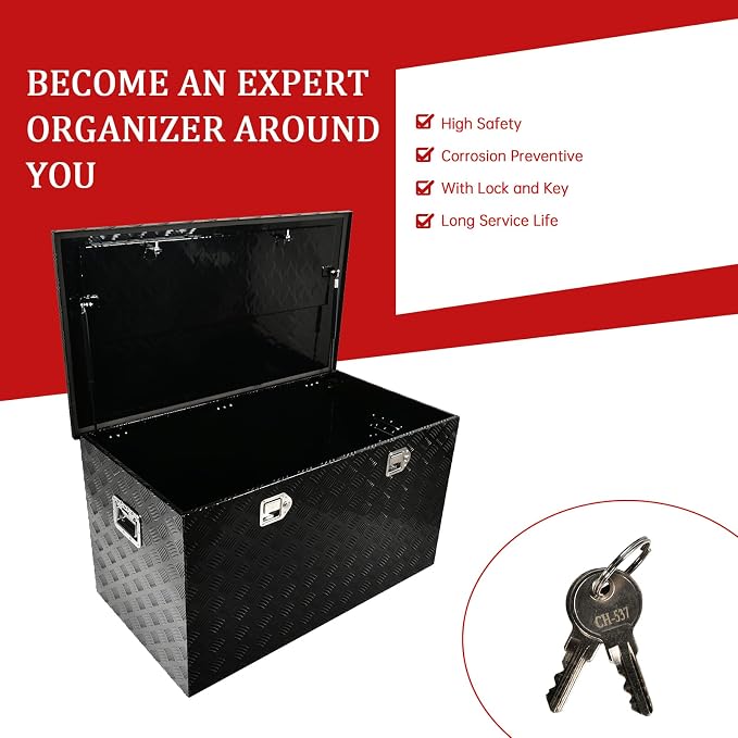 44''Inch Aluminum Truck Tool Box Truck Bed Toolbox Truck Trailer Chest Box Trailer Underbody Storage Organizer Waterproof Square Storage Organizer w/Lock & Keys Black(‎44" x24''x24'')