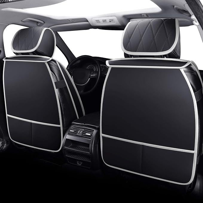 2 Front Drive Seat Covers Waterproof Faux Leather Universal Compatible with Honda Hyundai Elantra Toyota Tacoma Sentra Xterra Frontier Ford Escape Ranger Prius Acura(2 PCS Front, Black-White)