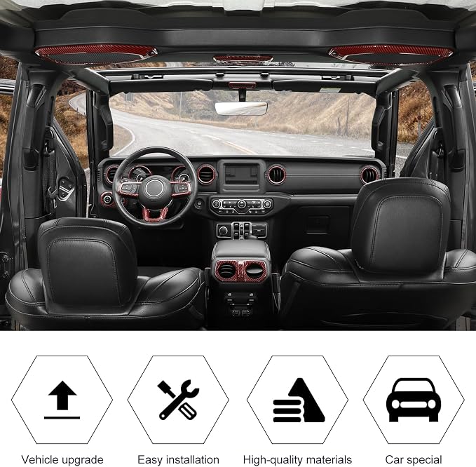RT-TCZ Interior Trim Kit Cover Center Console Decoration Accessories Compatible with Jeep Wrangler JL JLU & Gladiator JT 2018-2023 23PCS,Red Carbon Fiber