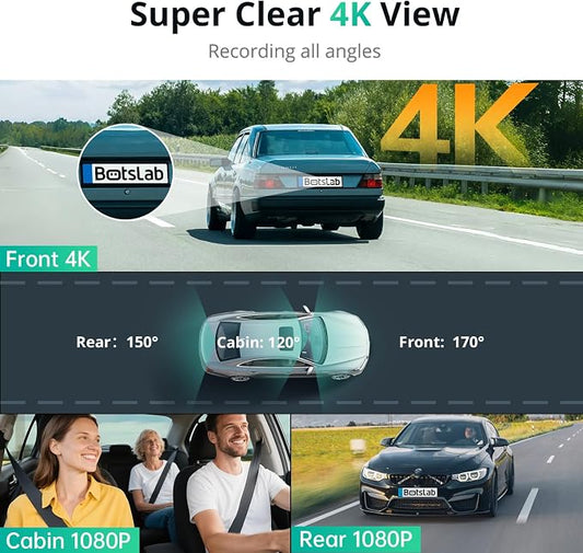 BOTSLAB G980H 4K 3-Channel Dash Cam Front Rear Inside, 360° Full Coverage, 3.18" Touch Screen, Free 128GB Card, 24/7 Parking Mode with Sentry & Time-Lapse, Voice Control, 5GHz WiFi, GPS, Night Vision