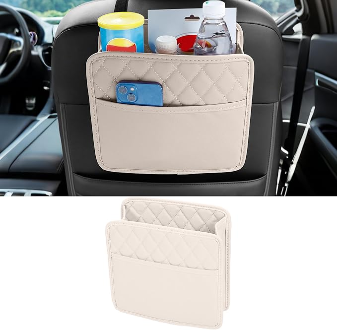 Car Seat Back Organizer, PU Leather Vehicle Backseat Hanging Storage Pocket, Multipurpose Auto Travel Essentials Accessories for Kids & Adults, Universal for Most Cars (Beige)