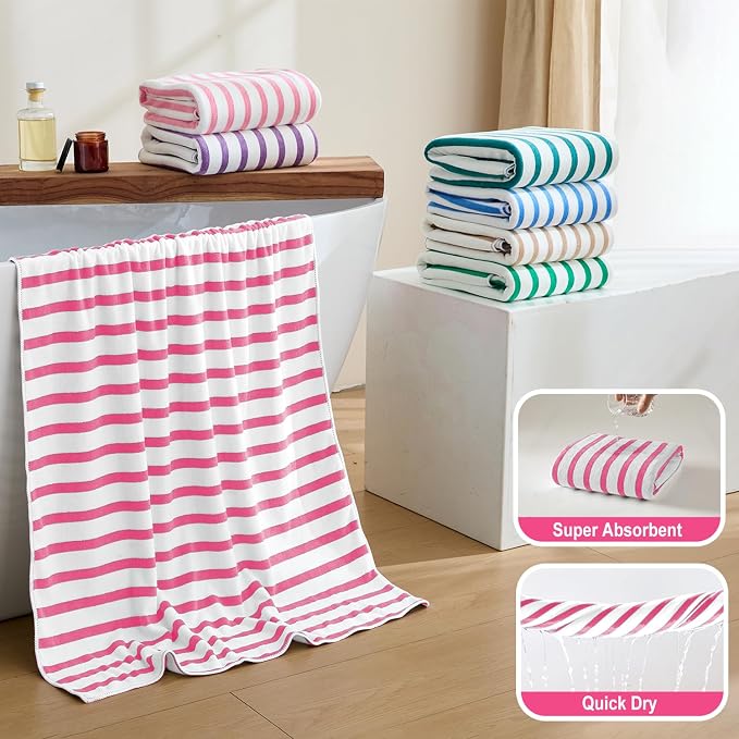 JML Microfiber Beach Towels, Bath Towel Set (4 Pack, 27" x 55") - Extra Large, Soft, Absorbent, Fast Drying, Multipurpose for Hair, Bathroom, Swimming, Fitness, Sport, Yoga -Stripe Pink
