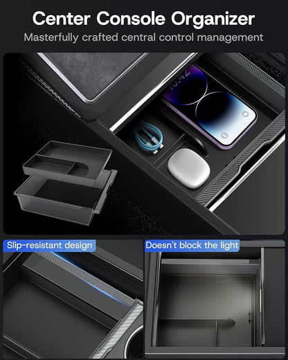 9PCS Center Console Organizer Tray for Tesla Model 3 Accessories 2024 2025 2026 [Premium PC + Silent Silicone Liner] Bottom Liners Armrest Privacy Hidden Storage Cup Holder Wireless Charging Pad