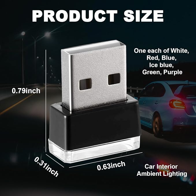 Ziciner 6 PCS USB LED Car Interior Atmosphere Lamp, Portable Mini LED Night Light, Plug-in USB Interface Trunk Ambient Lighting Kit, Universal Interior Accessories for Most Vehicles (6 Color)