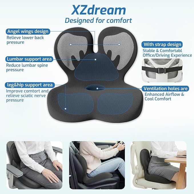 Seat Cushion,Office Chair Cushion with Lumbar Support,Memory Foam Car Orthopedic Cushion,Ergonomic Designed for Long Sitting,Tailbone & Back Pain Relief,Sciatica Pillow for Office,Car,Home Chair