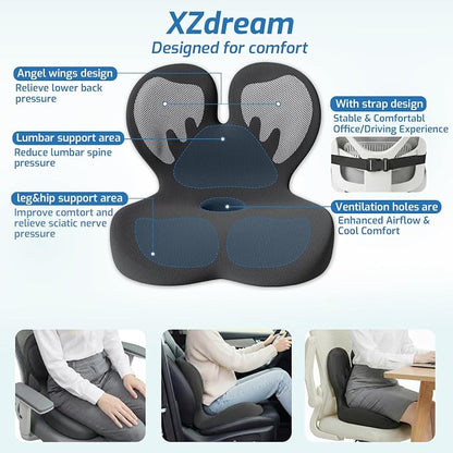 Seat Cushion,Office Chair Cushion with Lumbar Support,Memory Foam Car Orthopedic Cushion,Ergonomic Designed for Long Sitting,Tailbone & Back Pain Relief,Sciatica Pillow for Office,Car,Home Chair
