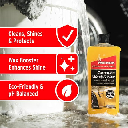 Mothers California Gold Carnauba Wash & Wax, 16 oz. — Cleans, Shines & Protects – Gentle, pH Balanced, Ultra-Sudsy, Spot-Free, Brilliant Finish, Biodegradable & Won't Strip Wax or Ceramic (05676)