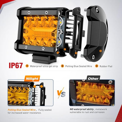 Nilight 4 Inch Amber LED Light Pods 2PCS Triple Row 60W Flood Spot Combo Offroad Driving Fog Lighting for 12V 24V Pickup Truck ATV UTV SUV