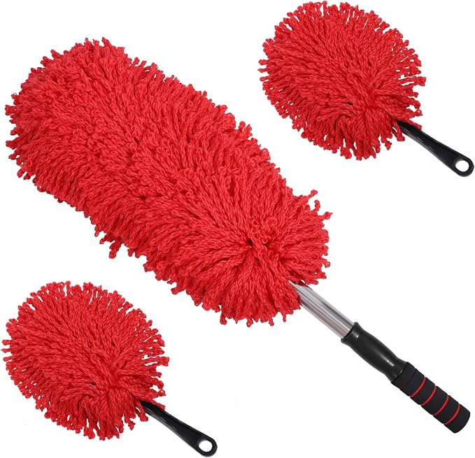 IPELY 3 Pack Large Red Microfiber Car Duster Exterior Scratch Free with Extendable, Car Duster Interior Multipurpose dust Cleaning