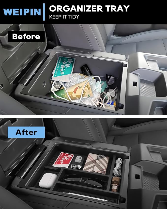 Silverado Sierra Center Console Organizer - Compatible with 2019-2026 Chevy Silverado/GMC Sierra 1500 - 2020-2026 Chevrolet Silverado/ Sierra 2500HD 3500HD - (Split-Bench Folding Seat) - 2 Pack Black