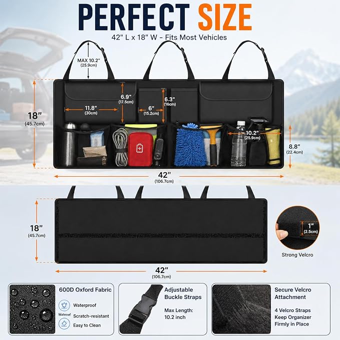 Car Trunk Organizer, Large Capacity Backseat Trunk Storage Organizer with 8 Pockets, Foldable SUV Cargo Organizer for SUV, Truck, Van & MPV, Black
