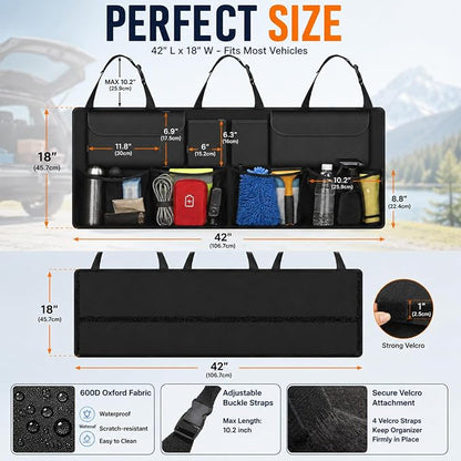 Car Trunk Organizer, Large Capacity Backseat Trunk Storage Organizer with 8 Pockets, Foldable SUV Cargo Organizer for SUV, Truck, Van & MPV, Black