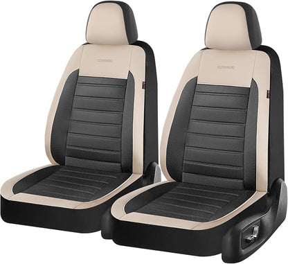 Coverado Car Seat Covers Front Seats, Luxury Leather Car Seat Covers, Automotive Mesh Seat Covers 2 Pack, Airbag-Compatible, Black Beige Seat Covers for SUV Sedan Truck