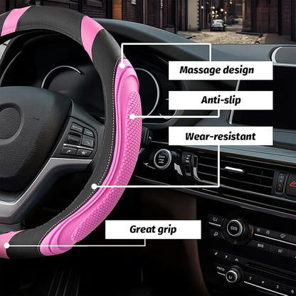 Osilly 15 Inch Car Leather Steering Wheel Cover, Automotive Accessories Elastic Breathable Anti-Slip Soft Wheel Protector Fits Men and Women, Suitable for SUVs, Trucks, Vehicles and RVs (Pink)