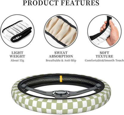 Green White Checkered Car Steering Wheel Cover