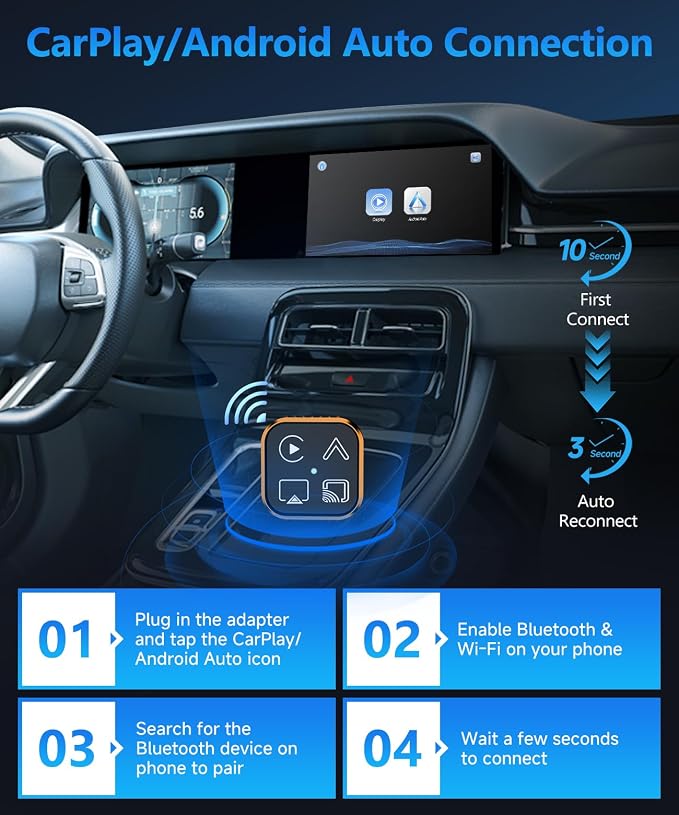 2026 4 in 1 Mini Wireless CarPlay Android Auto Adapter, Support AirPlay MirrorLink, Convert Wired to Wireless, Auto Connect for Daily Commute, Plug and Play Dongle (Orange)
