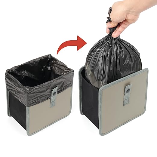 KMMOTORS Jopps Car Trash Can – Compact Foldable Bin with Strap, PU Leather & Oxford, Waterproof, Space-Saving, Simple Modern Design, Mounts on Headrest, Console, Gear Shift (Medium, Gray)