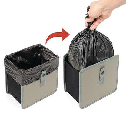 KMMOTORS Jopps Car Trash Can – Compact Foldable Bin with Strap, PU Leather & Oxford, Waterproof, Space-Saving, Simple Modern Design, Mounts on Headrest, Console, Gear Shift (Medium, Gray)