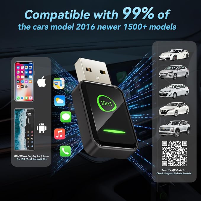 Mini Wireless CarPlay Adapter for Apple iPhone iOS 10+,No Delay & Fast, Plug & Play, Multi-User Seamless Connection for Convert Wired to Wireless Carplay Dongle for 2016+ Cars, USB-A/Type-C Port