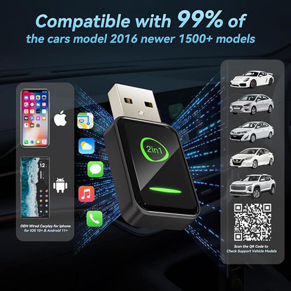 Mini Wireless CarPlay Adapter for Apple iPhone iOS 10+,No Delay & Fast, Plug & Play, Multi-User Seamless Connection for Convert Wired to Wireless Carplay Dongle for 2016+ Cars, USB-A/Type-C Port