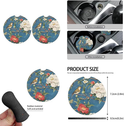 Floral Car Seat Cover Full Set of 13, Vintage Flowers Bird Vehicle Headrest Cover Cup Holder Coaster, Chinoiserie Automotive Interior Covers for Sedans Trucks