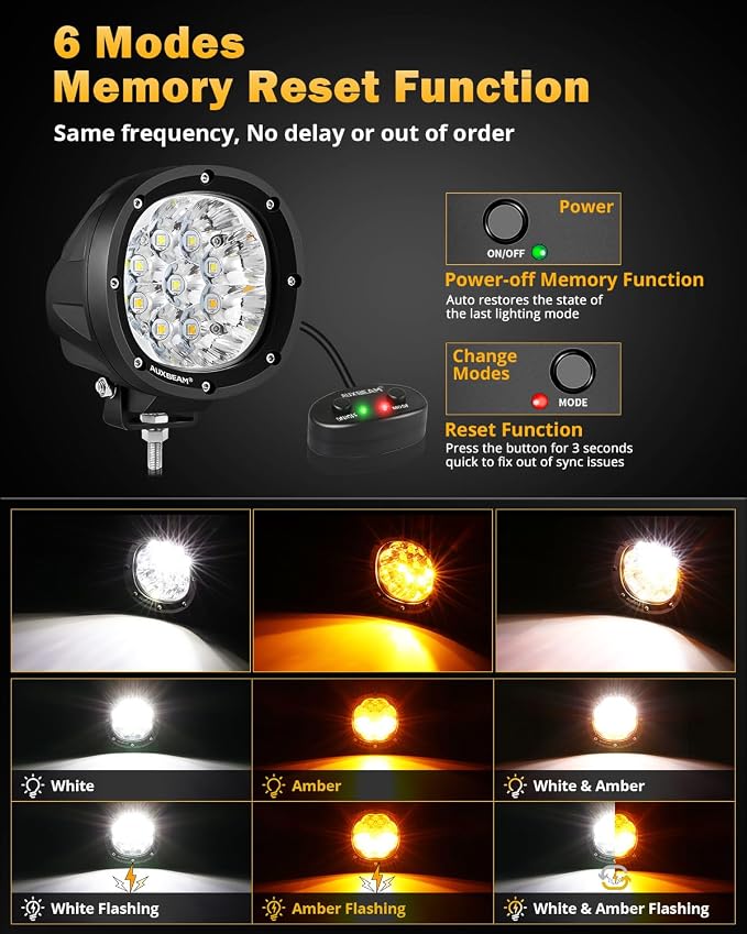 Auxbeam P4 Series Dual Color Round Strobe Light Pods 4-Inch 90W | Memory function flashing offroad lights, amber white 6-mode fog lights, automotive warning spot light bar