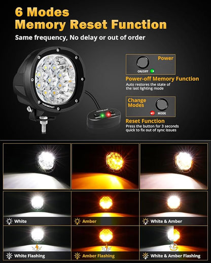 Auxbeam P4 Series Dual Color Round Strobe Light Pods 4-Inch 90W | Memory function flashing offroad lights, amber white 6-mode fog lights, automotive warning spot light bar