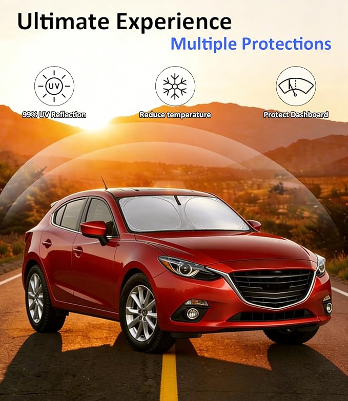 Windshield Sun Shade for 2014-2018 Mazda 3 Accessories, Car Front Window Sun Visor & Heat Shield | 240T Sunshade Protection Blocks UV Rays Keep Your Car Cooler