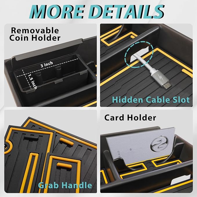 BestEvMod Center Console Organizer Tray Compatible with 2022-2025 2026 Rivian R1T/R1S Removable Coin Holder Armrest Storage Box ABS Material with PVC Trim Accessories (V3 Yellow)