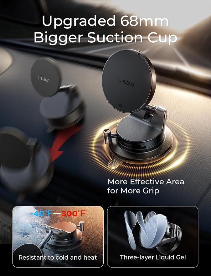 LISEN Qi2.2 25W MagSafe Car Mount Charger, Magnetic Wireless Car Charger with 54W Adapter, Magnetic Phone Holder for Car, iPhone Car Mount, Vacuum Suction Cup Phone Mount for iPhone 17 16 15 14 13 12 | [Qi2.2 25W Fast Charging] Magsafe Car Mount, [Easy...