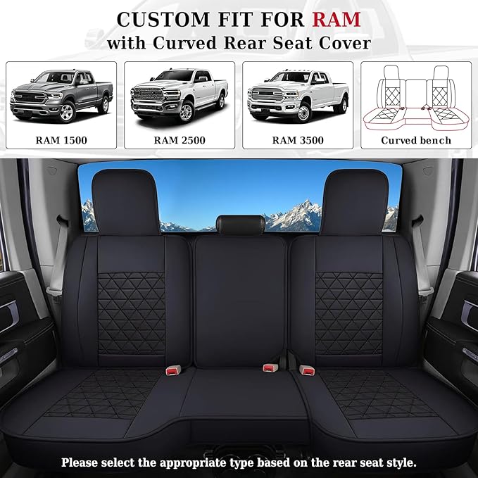 Coverado Ram Seat Covers Full Set, Waterproof Ram 1500 Seat Cover Compatible with 2002-2026 Dodge RAM 1500 2500 3500 Crew Quad Cab with Curved Bench, Black
