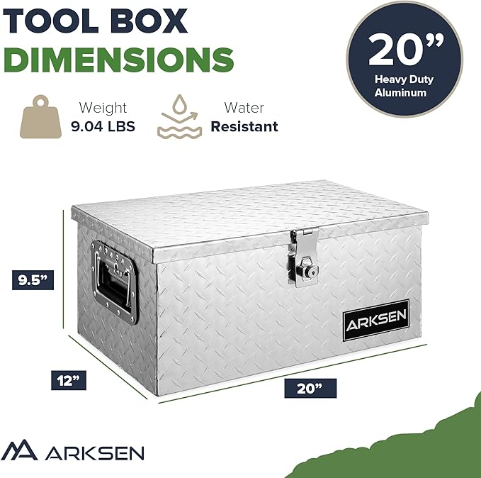 ARKSEN 20 x 12 x 10 Inch Diamond Plate Truck Bed Tool Box, Heavy Duty Waterproof Aluminum Storage Chest with Side Handle & Lock for Pickup Truck Bed, RV & Trailer, Silver