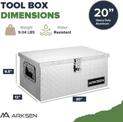 ARKSEN 20 x 12 x 10 Inch Diamond Plate Truck Bed Tool Box, Heavy Duty Waterproof Aluminum Storage Chest with Side Handle & Lock for Pickup Truck Bed, RV & Trailer, Silver