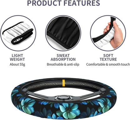 Blue Flower Steering Wheel Cover for Women Car Accessories Cute Girls Girly Universal 15 Inch Neoprene Auto Interior Decor Anti Slip Automotive Truck Protector