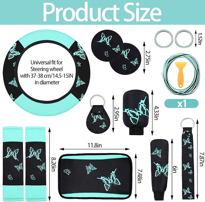 BBTO 43 Pcs Butterfly Car Seat Full Set Butterfly Car Accessories for Women 5 Front Rear Seat Covers Wrist Strap 2 Pcs Cup Mat Armrest Pad 2 Belt Xmas Cover Accessories for SUV(Mint Green, Black)
