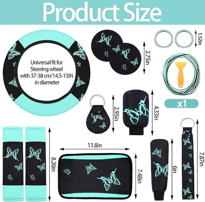 BBTO 43 Pcs Butterfly Car Seat Full Set Butterfly Car Accessories for Women 5 Front Rear Seat Covers Wrist Strap 2 Pcs Cup Mat Armrest Pad 2 Belt Xmas Cover Accessories for SUV(Mint Green, Black)