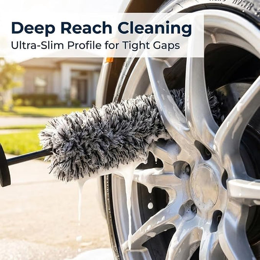 9PCS Professional Wheel Detailing Kit - Microfiber Flat Rim Brush w/Removable Cover, Boar Hair Detail Brush, Cleaning Pads, Towel & Storage Bag | Scratch-Free for All Vehicles