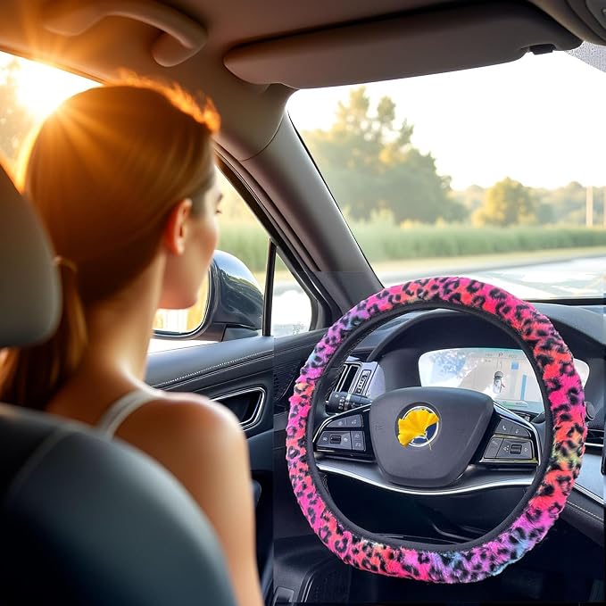 Cheetah Fuzzy Steering Wheel Cover, Girly Steering Wheel Cover, Cute Fluffy Furry Leopard Wheel Protector, Women Girl Car Christmas Decor Fit D-Shape O-Shape 14.5" to 15"