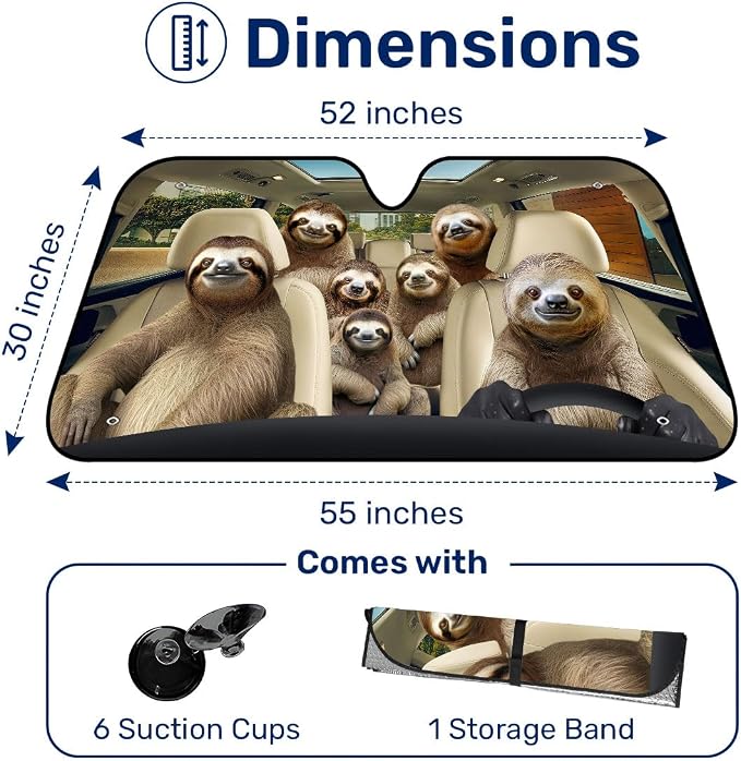 GENANY Sloth Family Funny Windshield Sun Shade for Car SUV Truck (55x30 Inches),Sun Shade Windshield, Shades for Windows, Protector Blocks UV, Spring Car Decor