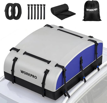 WORKPRO 21 Cubic Feet Rooftop Cargo Carrier Roof Bag, Waterproof Roof Rack Cargo Carrier for Vehicles with/Without Rack, Heavy Duty 840D PVC, Includes Anti-Slip Mat, 6 Door Hooks and Storage Bag