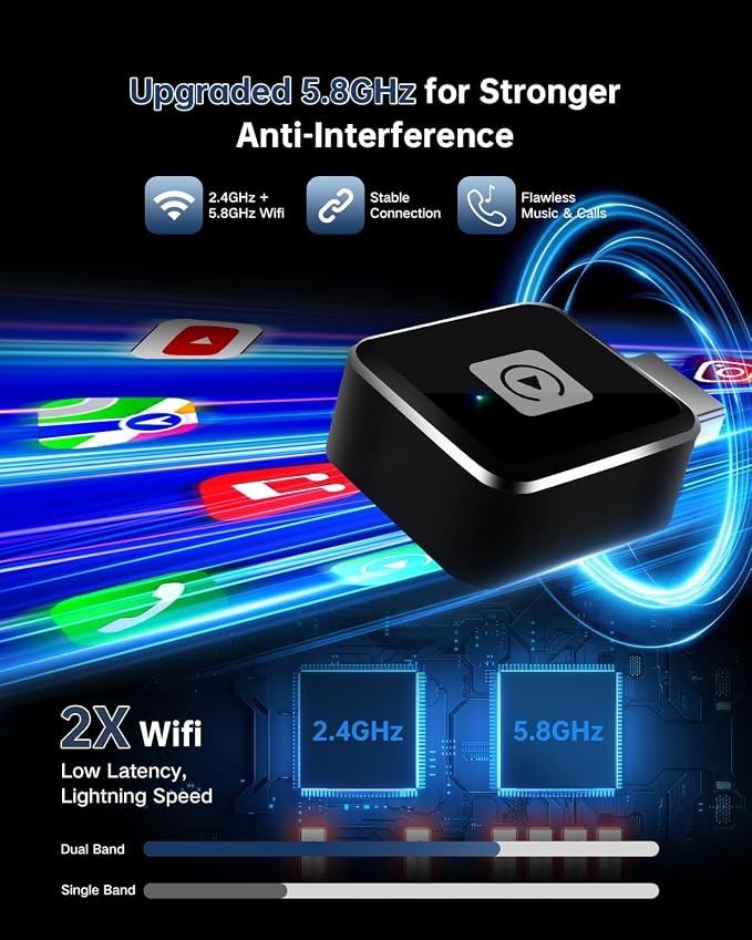 Wireless CarPlay Adapter for iPhone, Converts Factory Wired CarPlay to Wireless, Plug & Play Auto Reconnect, USB-A Dongle + USB-C Adapter, for Cars with OEM Wired CarPlay (iOS 10+, Car Model 2016+)