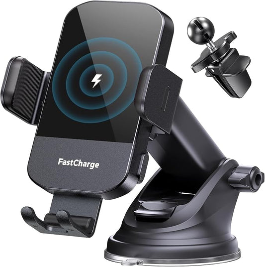 Wireless Car Charger, 15W Fast Charging Auto Clamping Phone Holders for Your Car Phone Mount fit for iPhone 17 16 15 14 13 12 Pro Max 11 XR XS, for Samsung Galaxy S25 Ultra S24 S23, Black