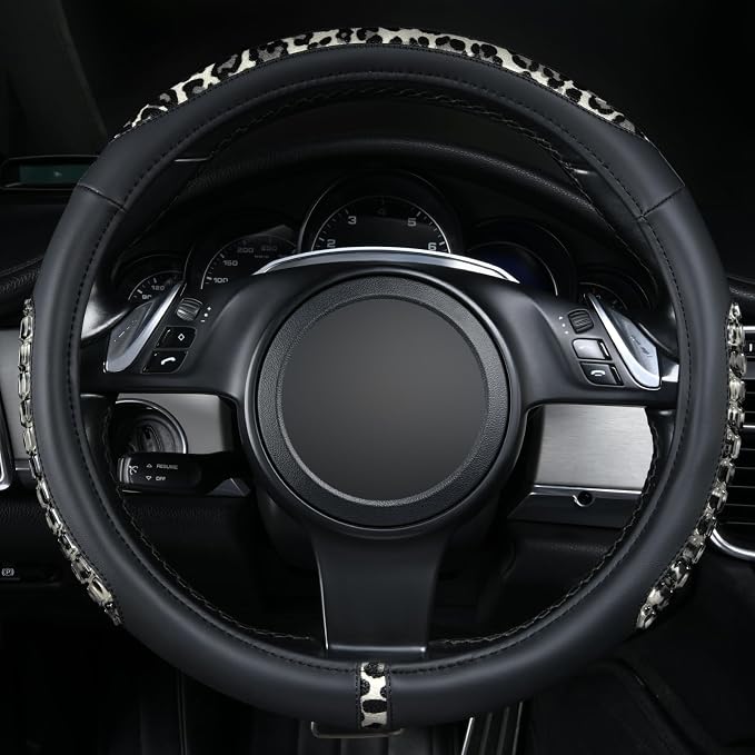 Flying Banner car Steering Wheel Cover Gel Massage Velvet Cool Warm Universal Size 15 inches SUV Truck Anti Slip Odorless Summer Winter (Black Gray Leopard Print, Gel Massage)