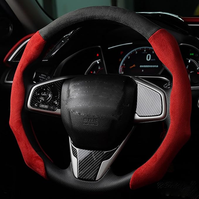 Quick Install Sporty Suede Steering Wheel Cover with Red Grips Universal fit Any 14 ½ to 15 inches Car SUV Pickup Steering Wheel