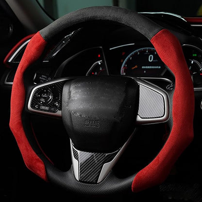 Quick Install Sporty Suede Steering Wheel Cover with Red Grips Universal fit Any 14 ½ to 15 inches Car SUV Pickup Steering Wheel
